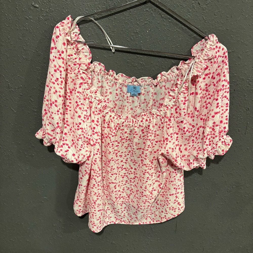 CeCe Pink and White Floral Ruffled Peasant Blouse
